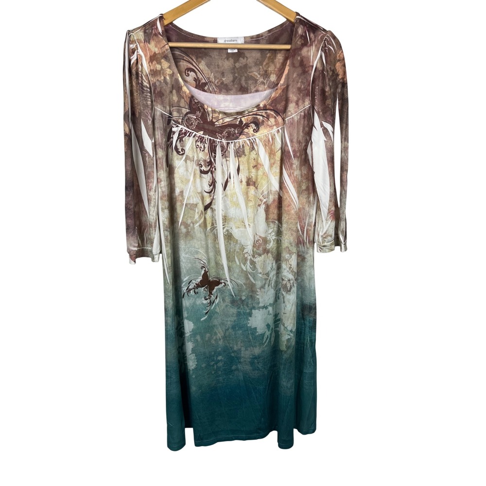 Dressbarn Boho Y2K Butterfly Ombre Shift Dress 14 Brown Teal 3/4 Sleeve